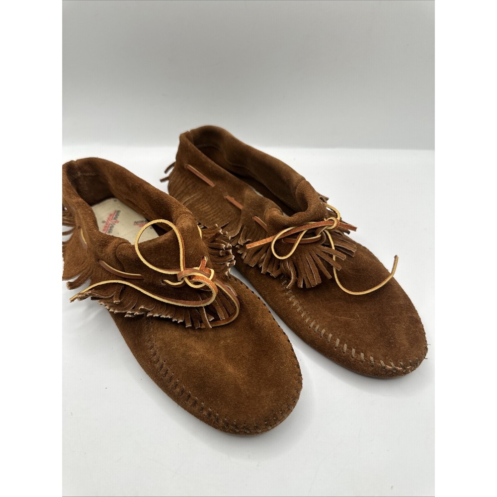 Minnetonka Kilty Moccasins Brown Suede Fringe Leather Lace Vintage Sz 9